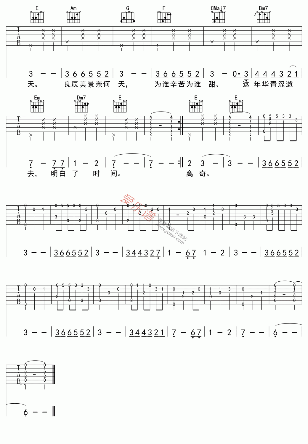 王菲《致青春(高清版)》 吉他谱