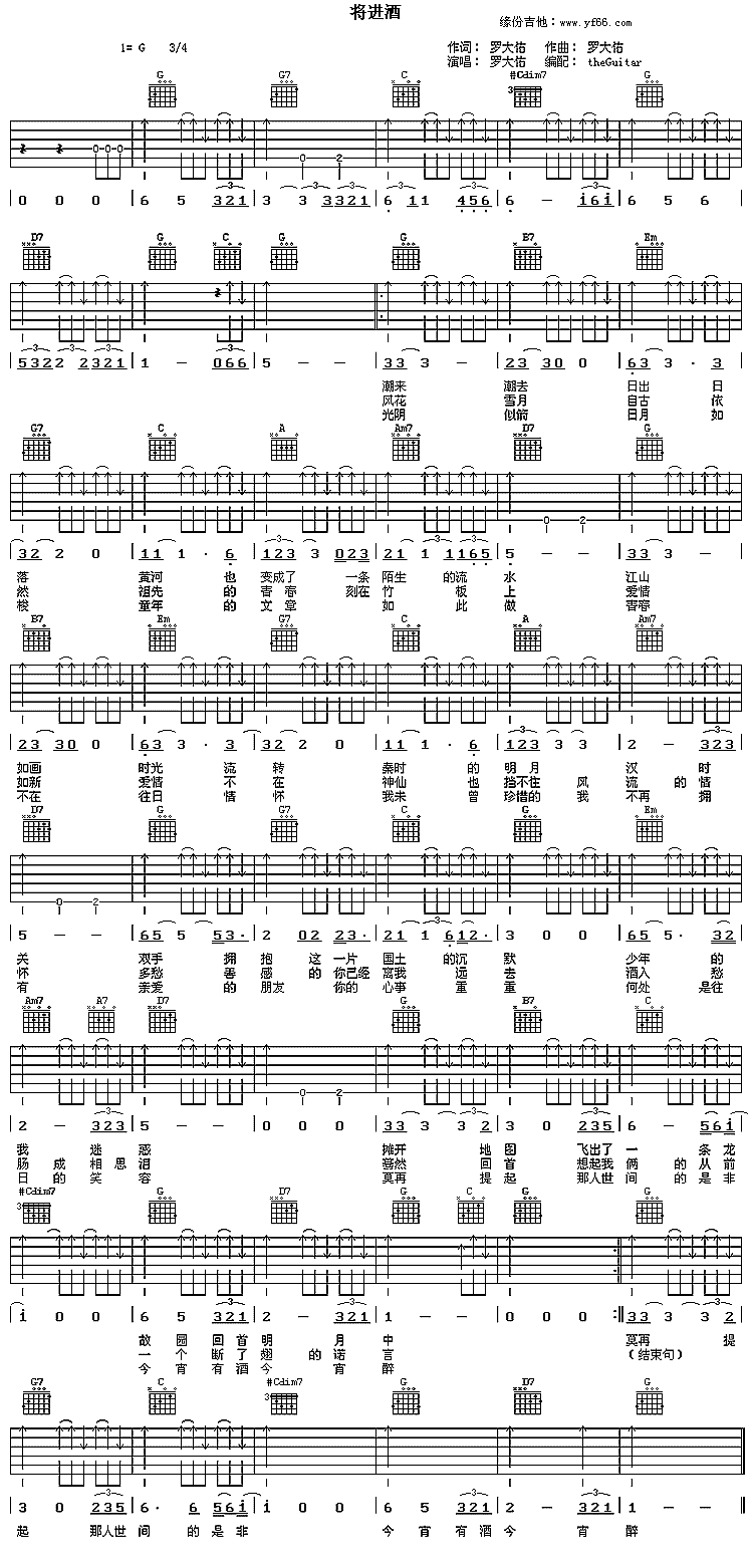 将进酒吉他谱,原版歌曲,简单未知调弹唱教学,六线谱指弹简谱1张图