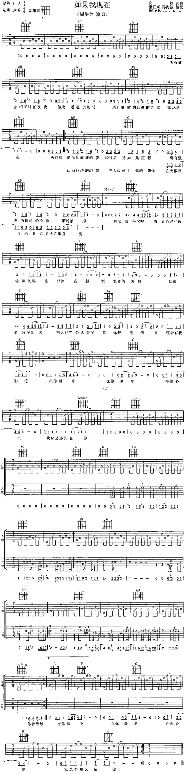 如果我现在吉他谱,原版歌曲,简单未知调弹唱教学,六线谱指弹简谱1张图