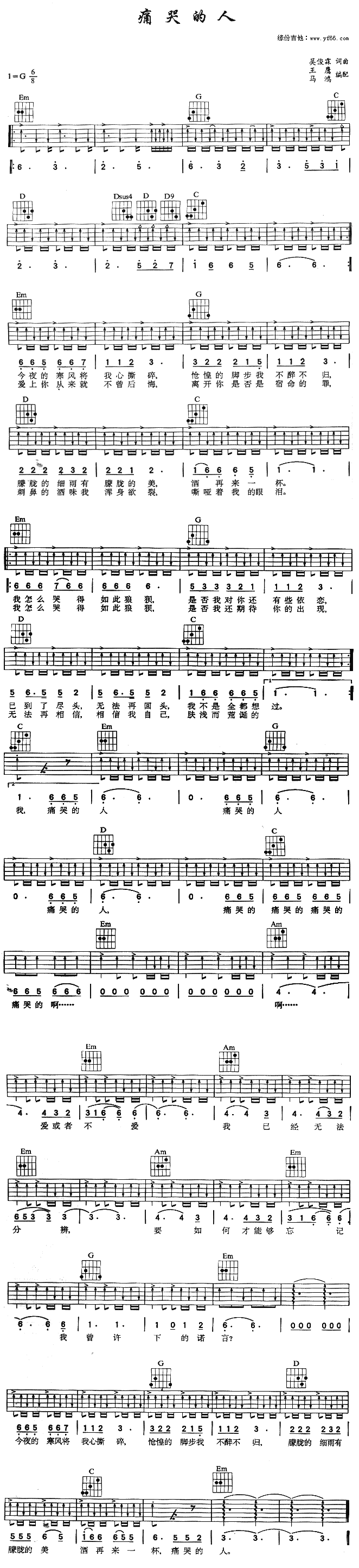 痛哭的人吉他谱,原版歌曲,简单未知调弹唱教学,六线谱指弹简谱1张图