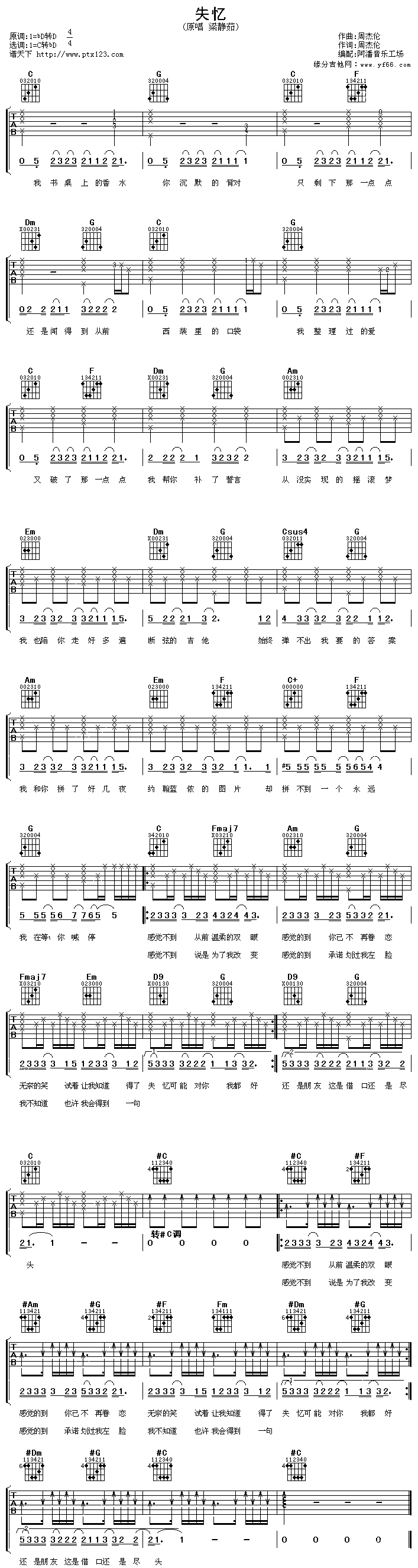 失忆吉他谱,原版歌曲,简单未知调弹唱教学,六线谱指弹简谱1张图