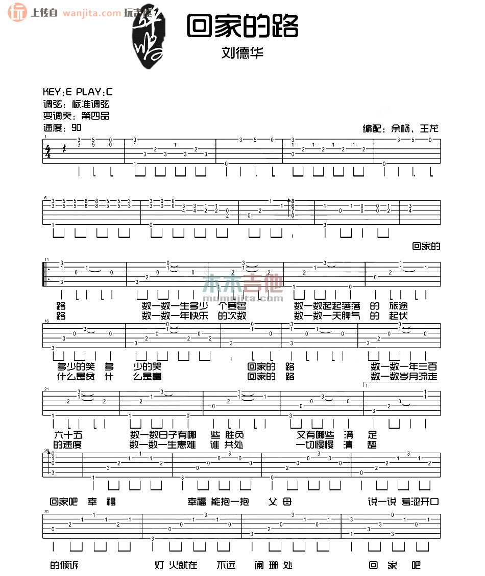 回家的路吉他谱,原版歌曲,简单未知调弹唱教学,六线谱指弹简谱2张图