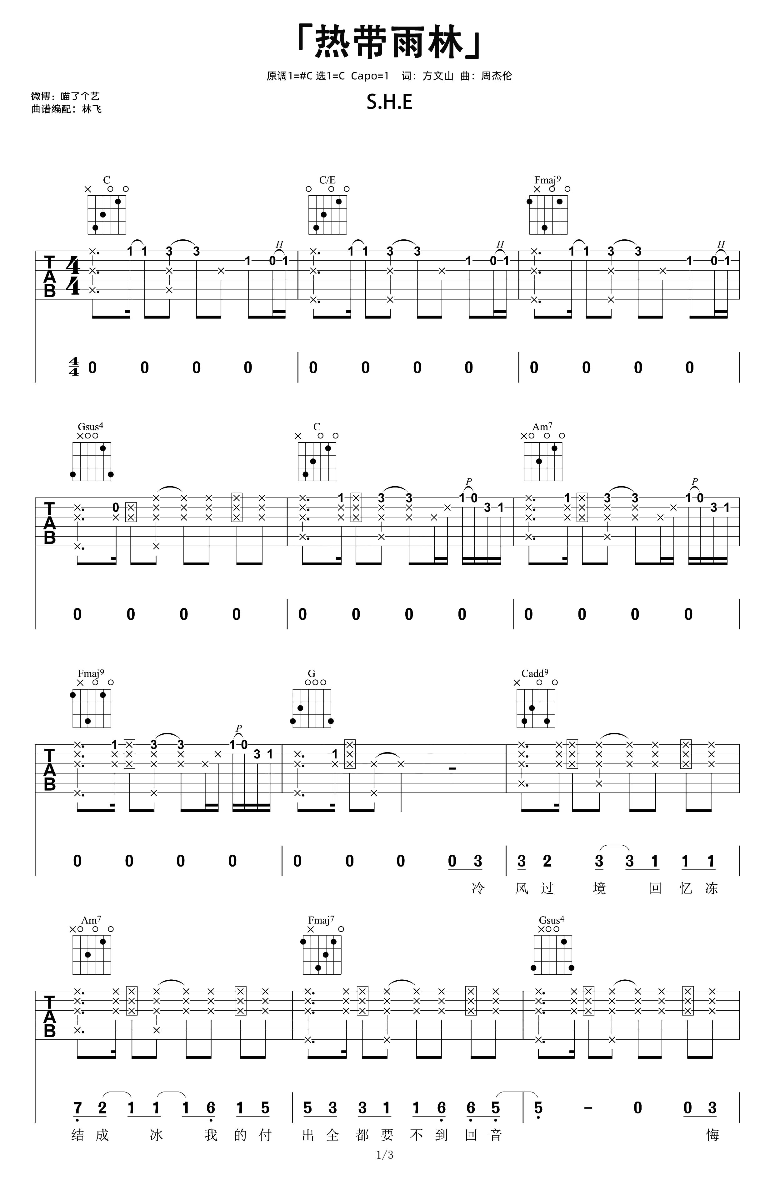 热带雨林吉他谱,原版歌曲,简单C调弹唱教学,六线谱指弹简谱2张图