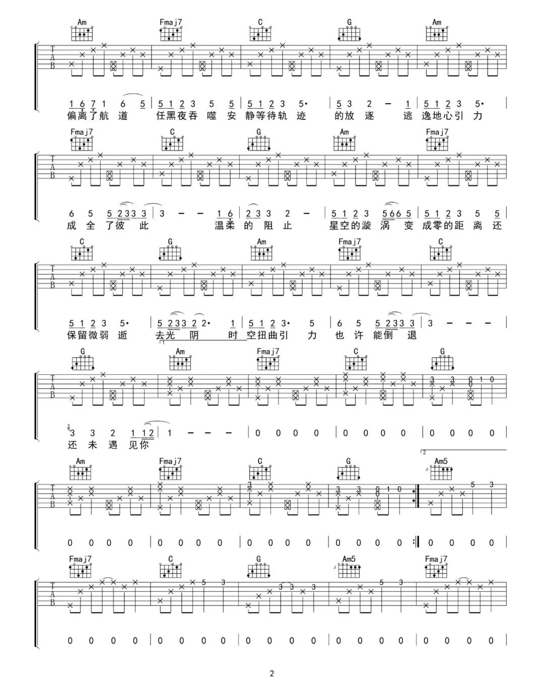 《坠落星空吉他谱》_小星星Aurora_C调 图二