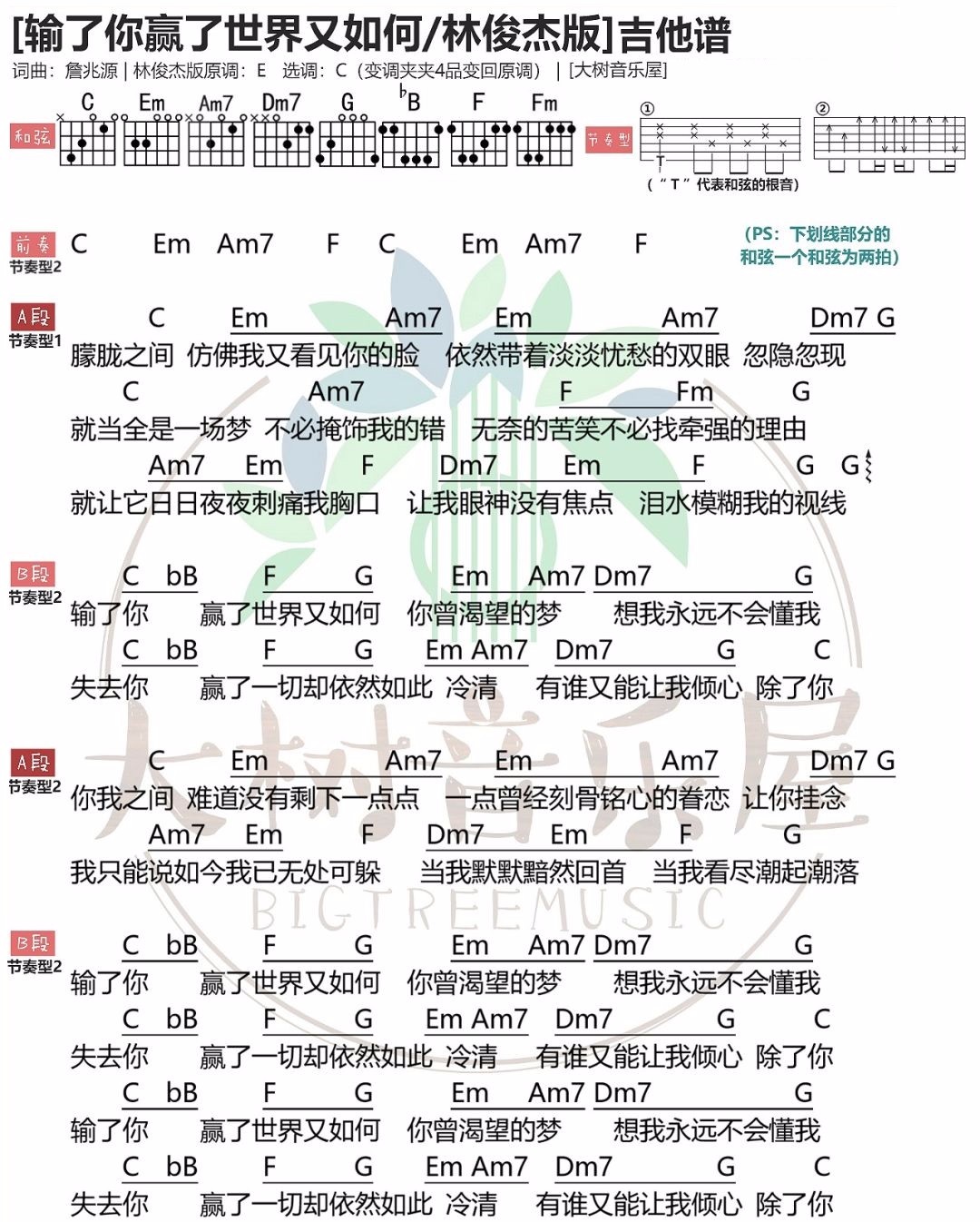 《输了你赢了世界又如何吉他谱》_林俊杰_C调 图一