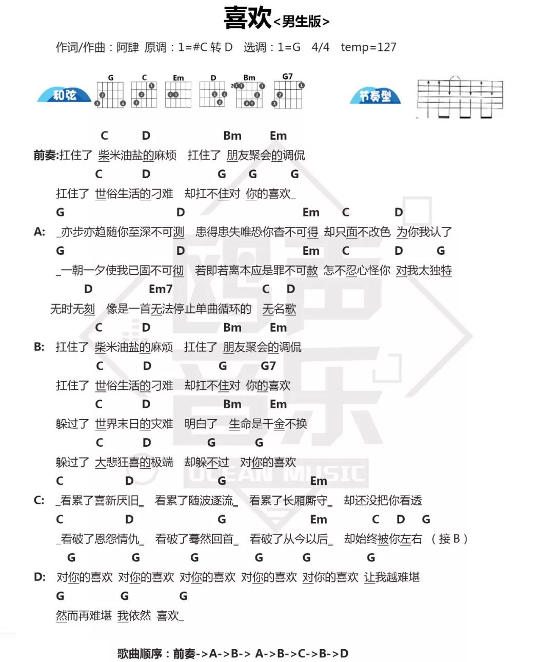 喜欢吉他谱,原版歌曲,简单G调弹唱教学,六线谱指弹简谱1张图