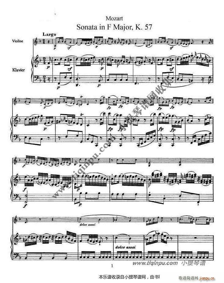 莫扎特奏鸣曲F大调钢伴谱简谱小提琴版,k 57入门独奏曲谱曲子五线谱