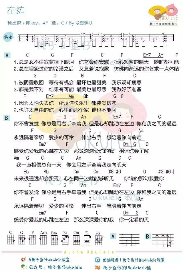 左边吉他谱,原版歌曲,简单C调弹唱教学,六线谱指弹简谱1张图