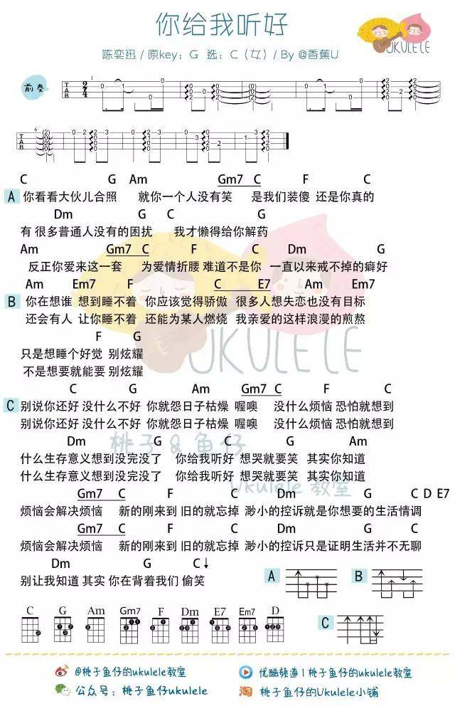 你给我听好吉他谱,原版歌曲,简单C调弹唱教学,六线谱指弹简谱1张图