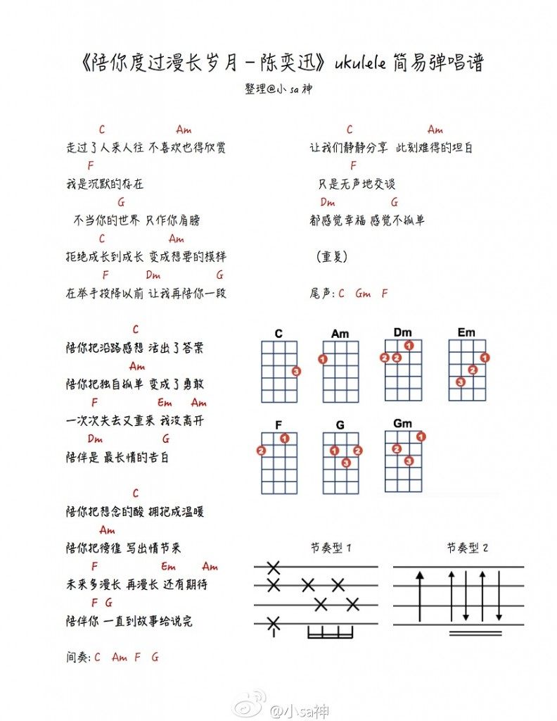 陪你度过漫长岁月吉他谱,原版歌曲,简单C调弹唱教学,六线谱指弹简谱1张图