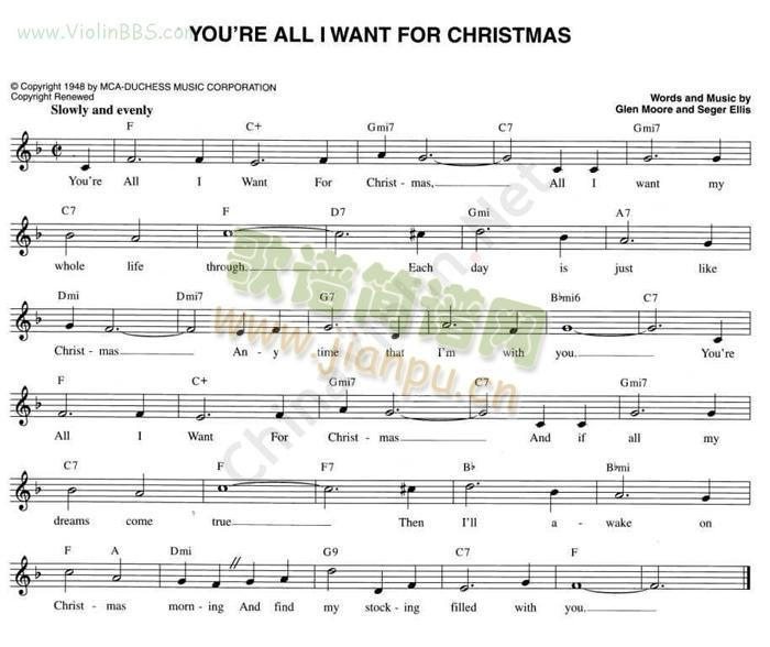 You`reAllIWantForChristmas简谱小提琴版,入门独奏曲谱曲子五线谱