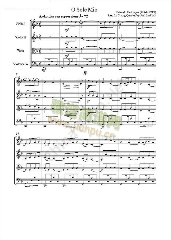 弦乐四重奏：意大利歌曲-我的太阳简谱小提琴版,新手独奏曲谱完整版五线谱