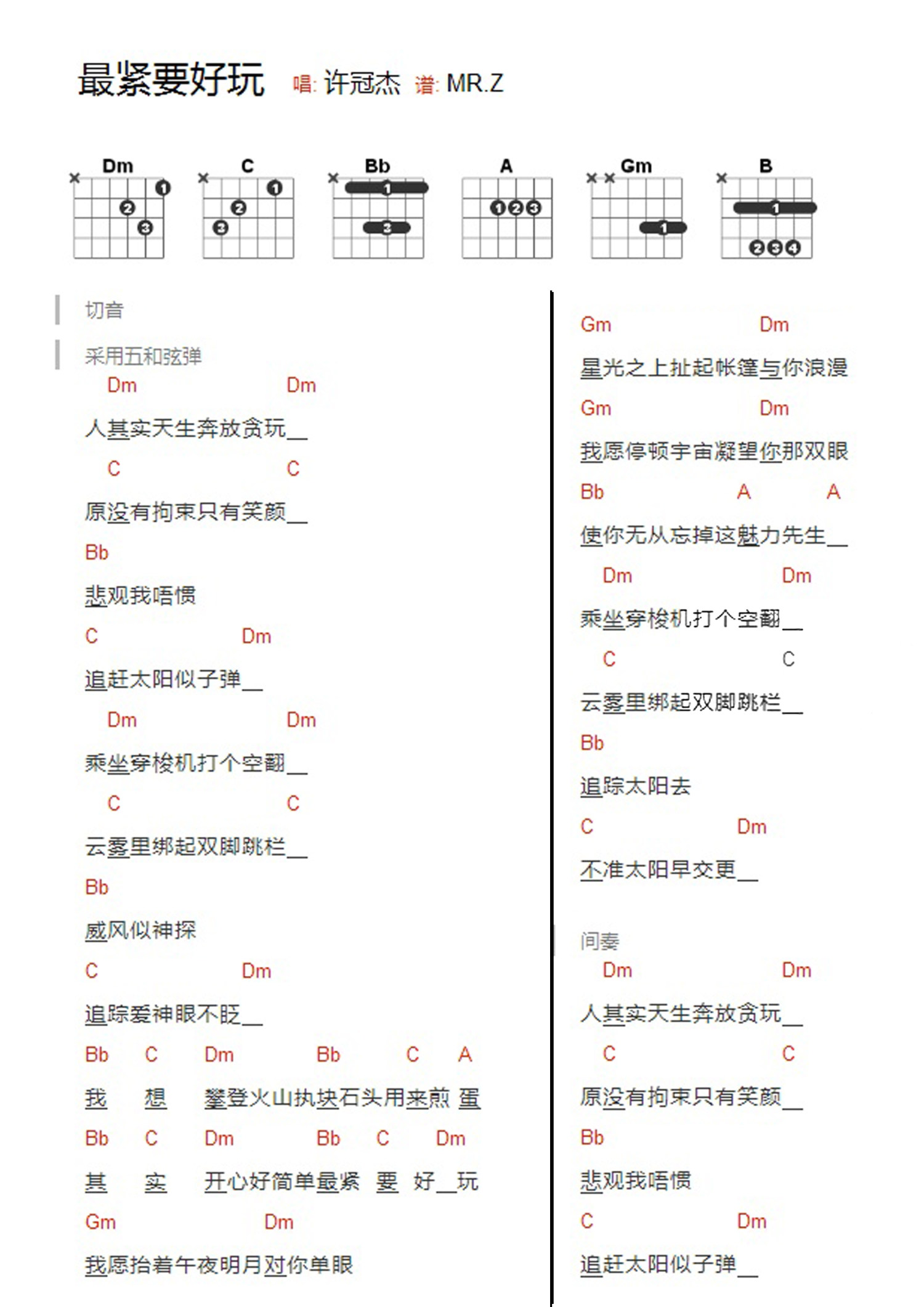 最紧要好玩吉他谱,原版歌曲,简单C调弹唱教学,六线谱指弹简谱2张图