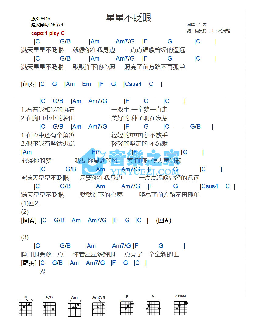 星星不眨眼吉他谱,原版歌曲,简单C调弹唱教学,六线谱指弹简谱1张图