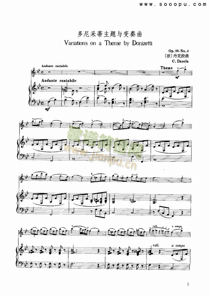多尼采蒂主题与变奏曲弦乐类简谱小提琴版,入门独奏曲谱高清五线谱