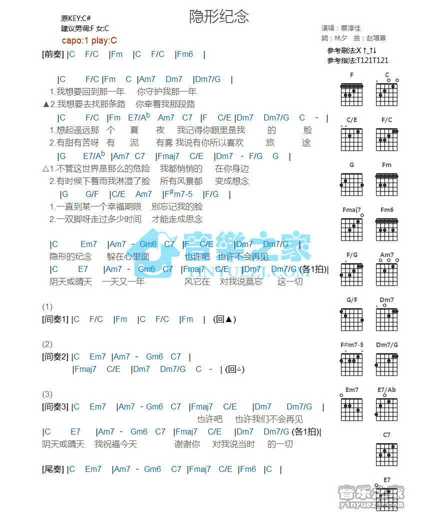 隐形纪念吉他谱,原版歌曲,简单C调弹唱教学,六线谱指弹简谱1张图