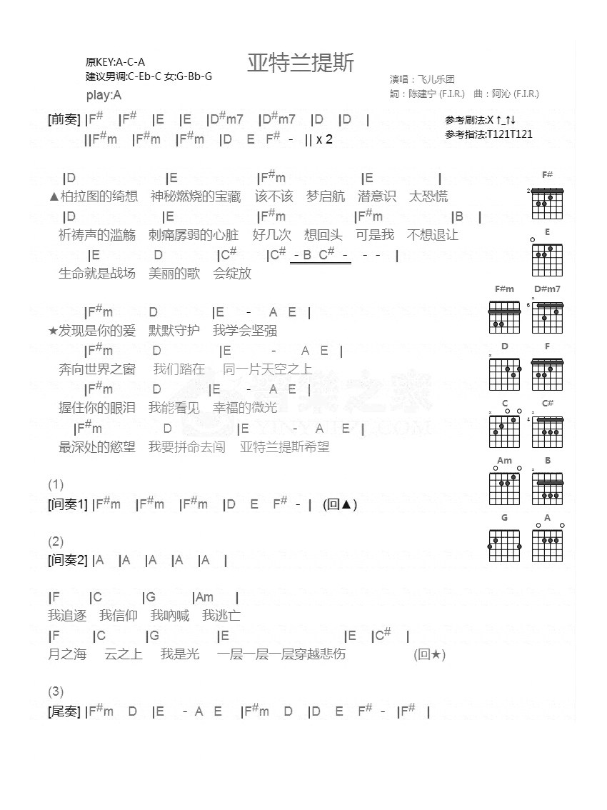 亚特兰提斯吉他谱,原版歌曲,简单A调弹唱教学,六线谱指弹简谱1张图