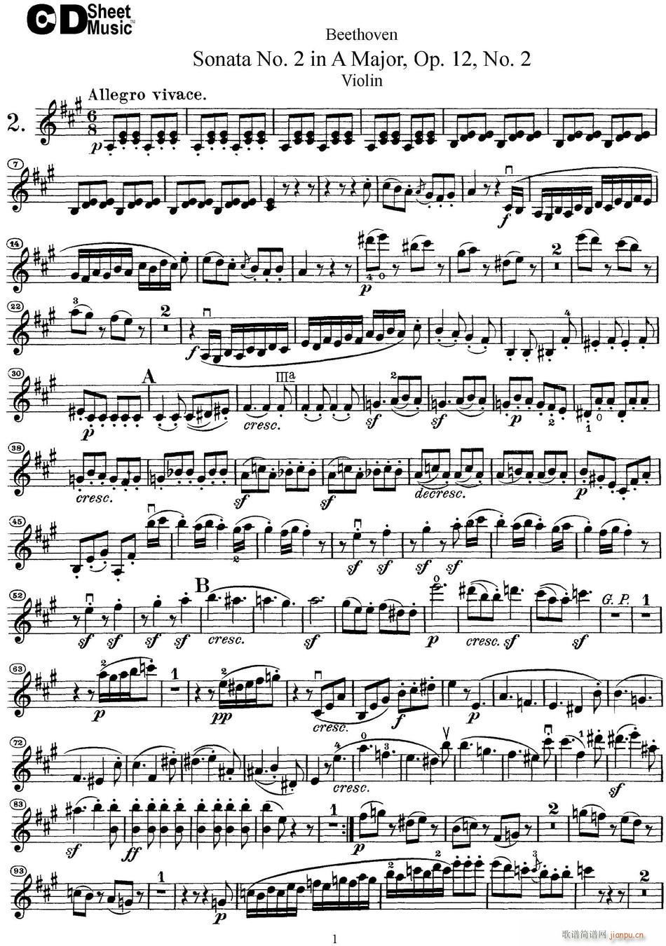 Violin Sonata No 2 in A Major Op 12 No 2