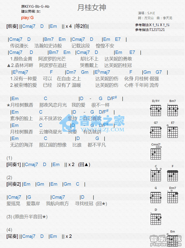 月桂女神吉他谱,原版歌曲,简单G调弹唱教学,六线谱指弹简谱1张图