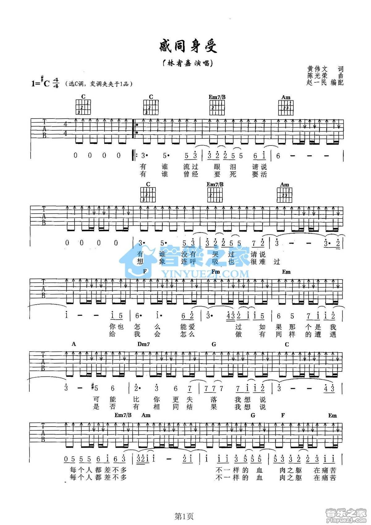 感同身受吉他谱,原版歌曲,简单C调弹唱教学,六线谱指弹简谱2张图