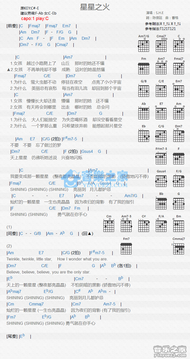 星星之火吉他谱,原版歌曲,简单C调弹唱教学,六线谱指弹简谱1张图