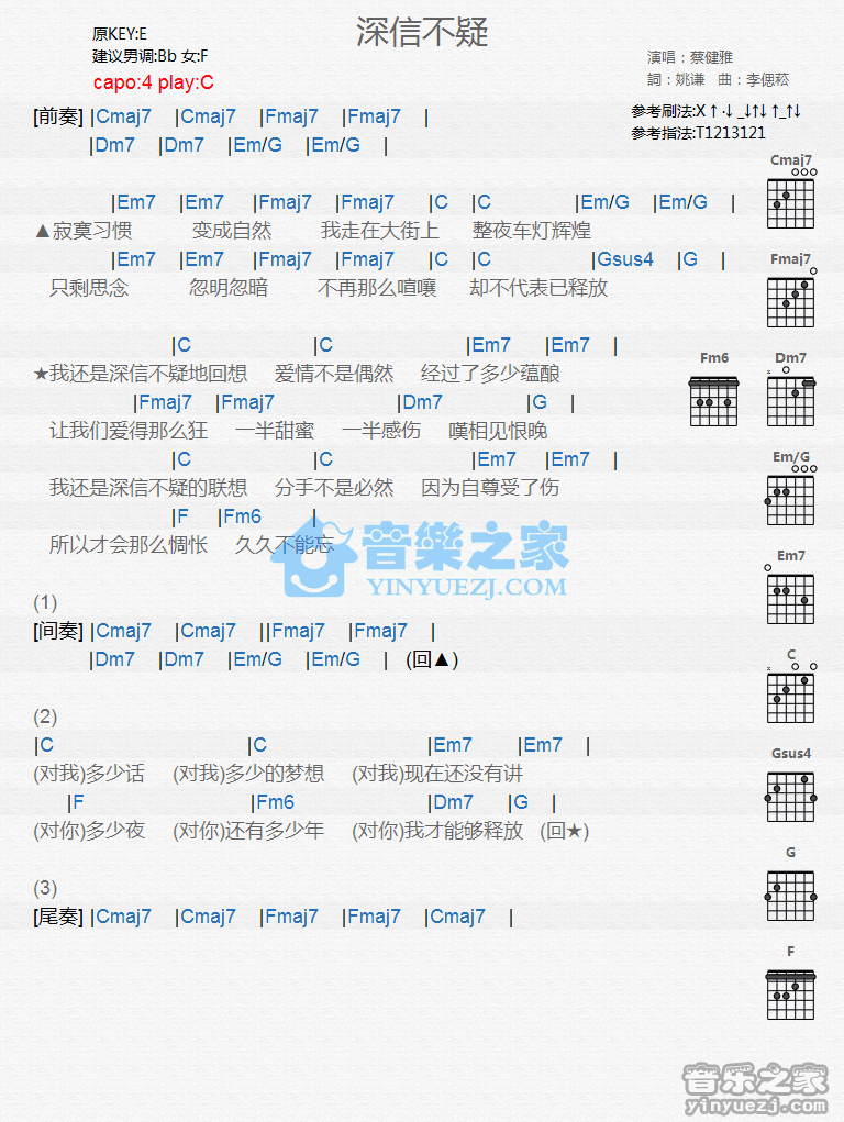 深信不疑吉他谱,原版歌曲,简单C调弹唱教学,六线谱指弹简谱1张图