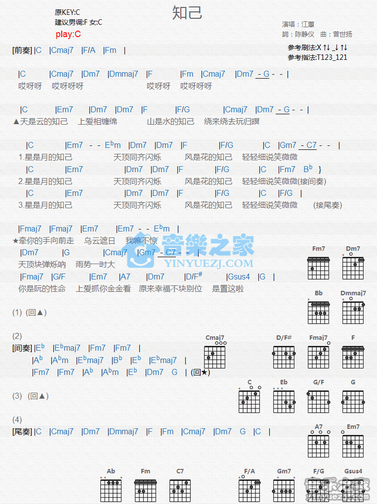 《知己吉他谱》_江蕙_C调 图一