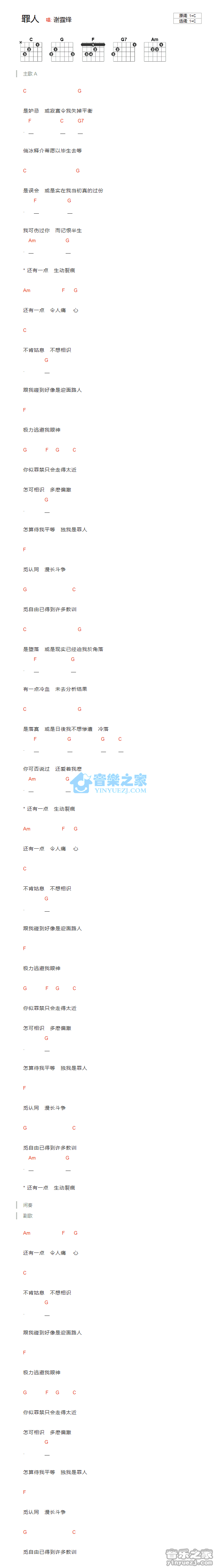《罪人吉他谱》_谢霆锋_C调 图一