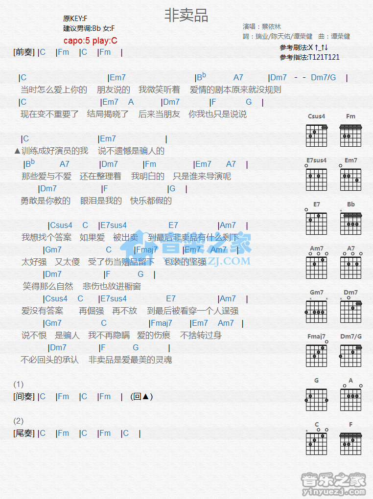 非卖品吉他谱,原版歌曲,简单C调弹唱教学,六线谱指弹简谱1张图