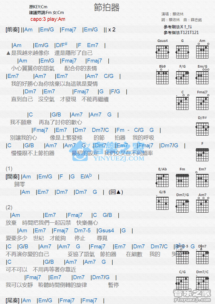 节拍器吉他谱,原版歌曲,简单C调弹唱教学,六线谱指弹简谱1张图