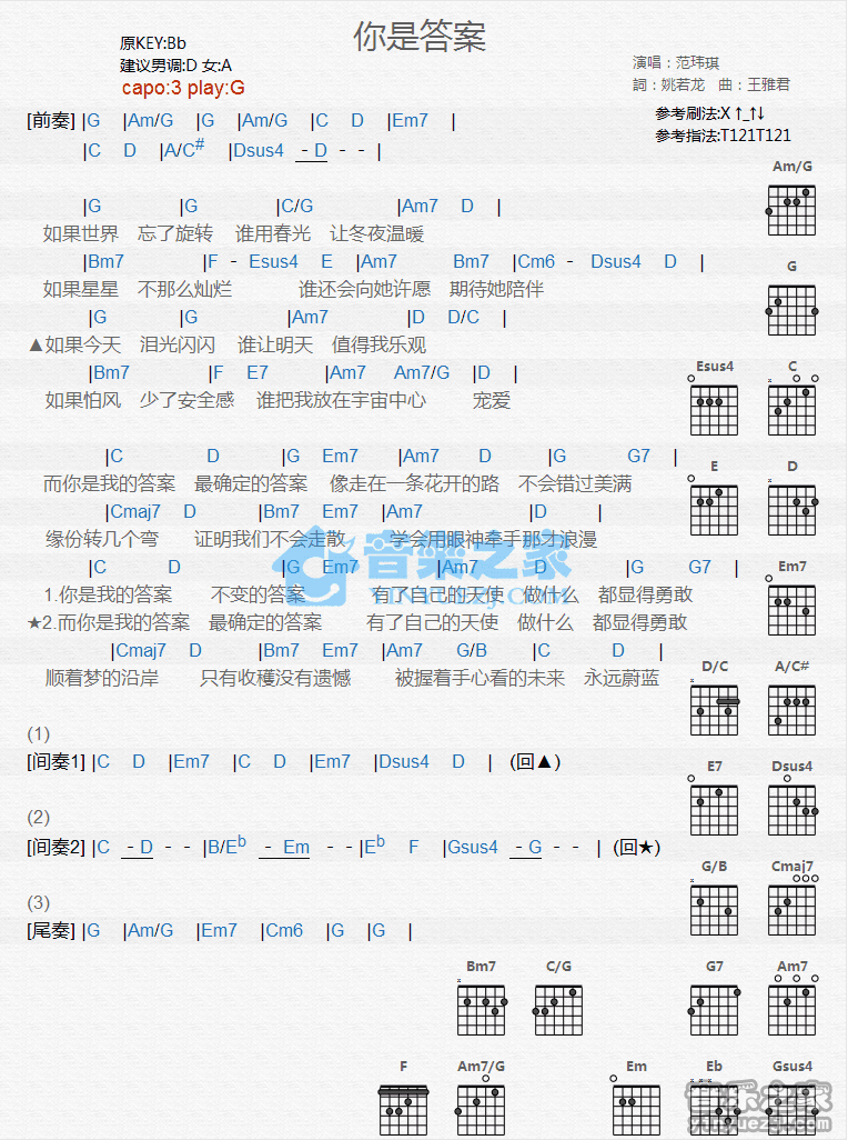 你是答案吉他谱,原版歌曲,简单G调弹唱教学,六线谱指弹简谱1张图