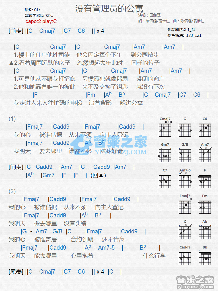 《没有管理员的公寓吉他谱》_田馥甄_C调 图一