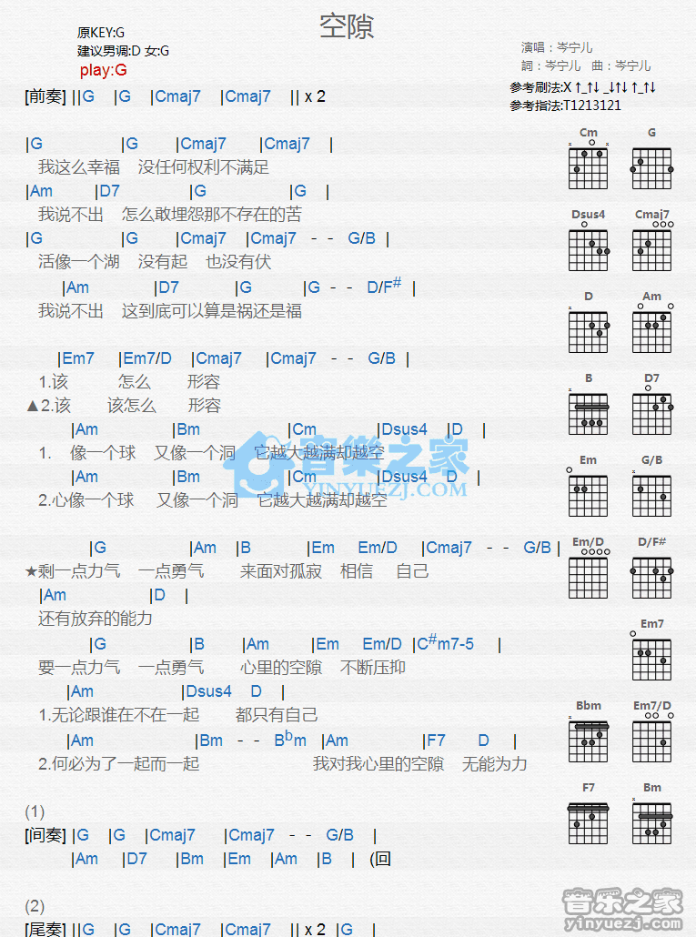 空隙吉他谱,原版歌曲,简单G调弹唱教学,六线谱指弹简谱1张图