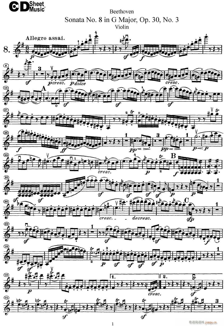 Violin Sonata No 8 in G Major Op 30 No 3(小提琴谱)1