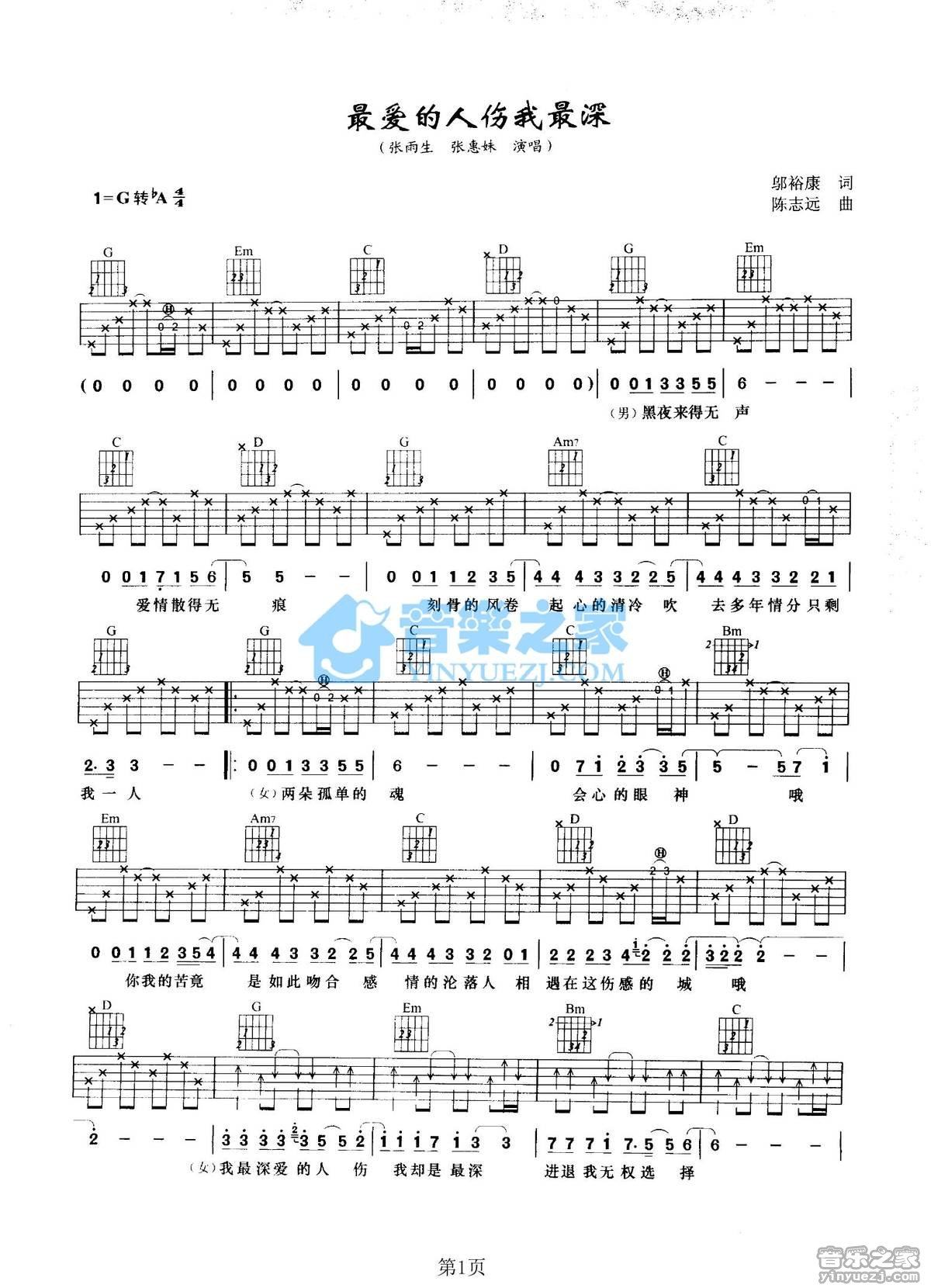 最爱的人伤我最深吉他谱,原版歌曲,简单G调弹唱教学,六线谱指弹简谱2张图
