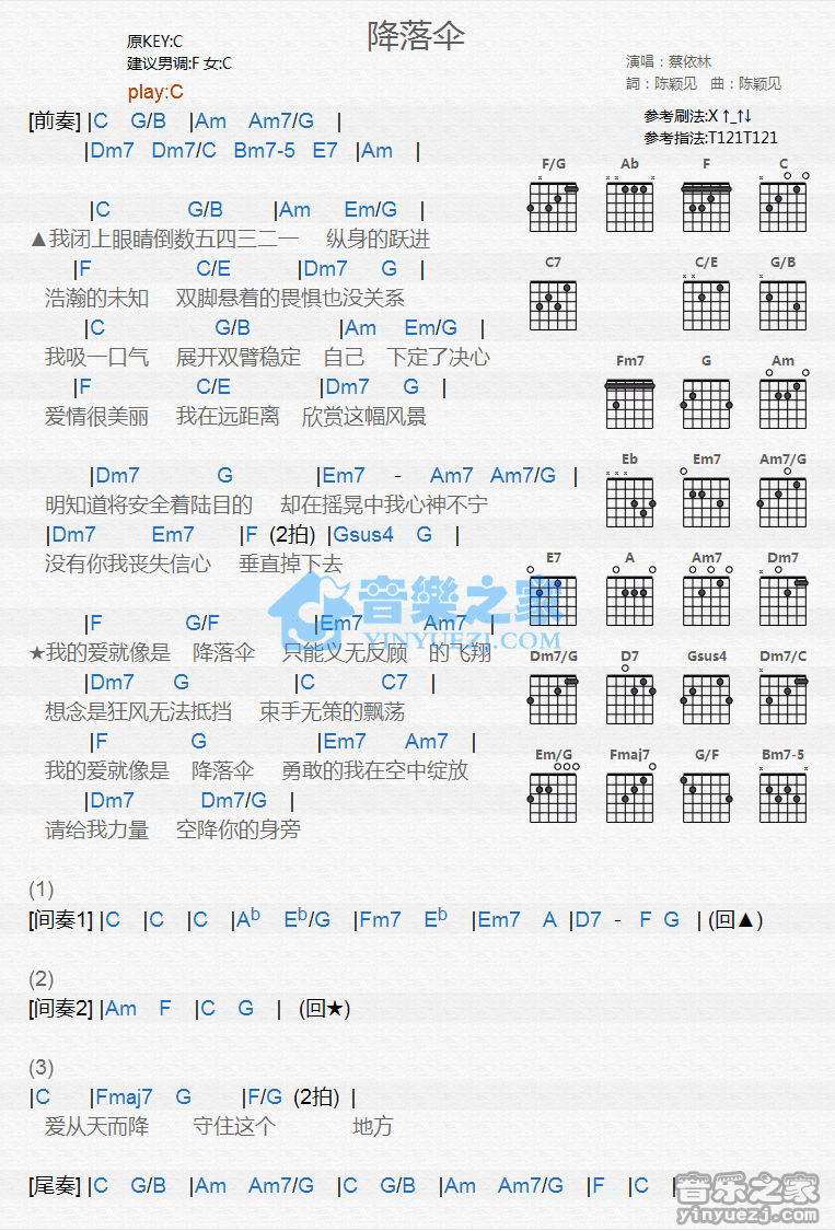 《降落伞吉他谱》_蔡依林_C调 图一