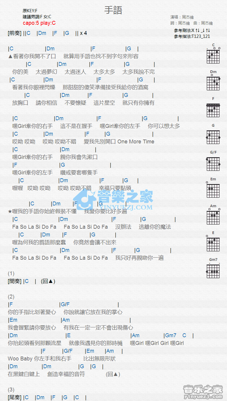 手语吉他谱,原版歌曲,简单C调弹唱教学,六线谱指弹简谱1张图