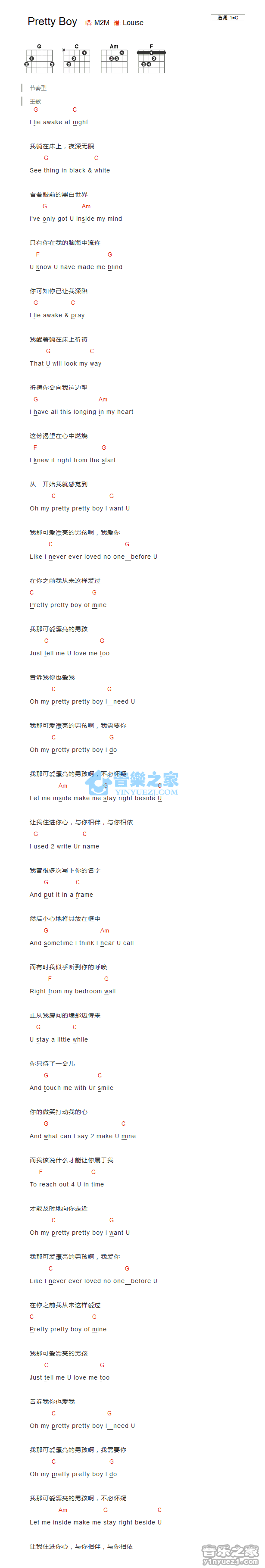 PrettyBoy吉他谱,原版歌曲,简单G调弹唱教学,六线谱指弹简谱1张图