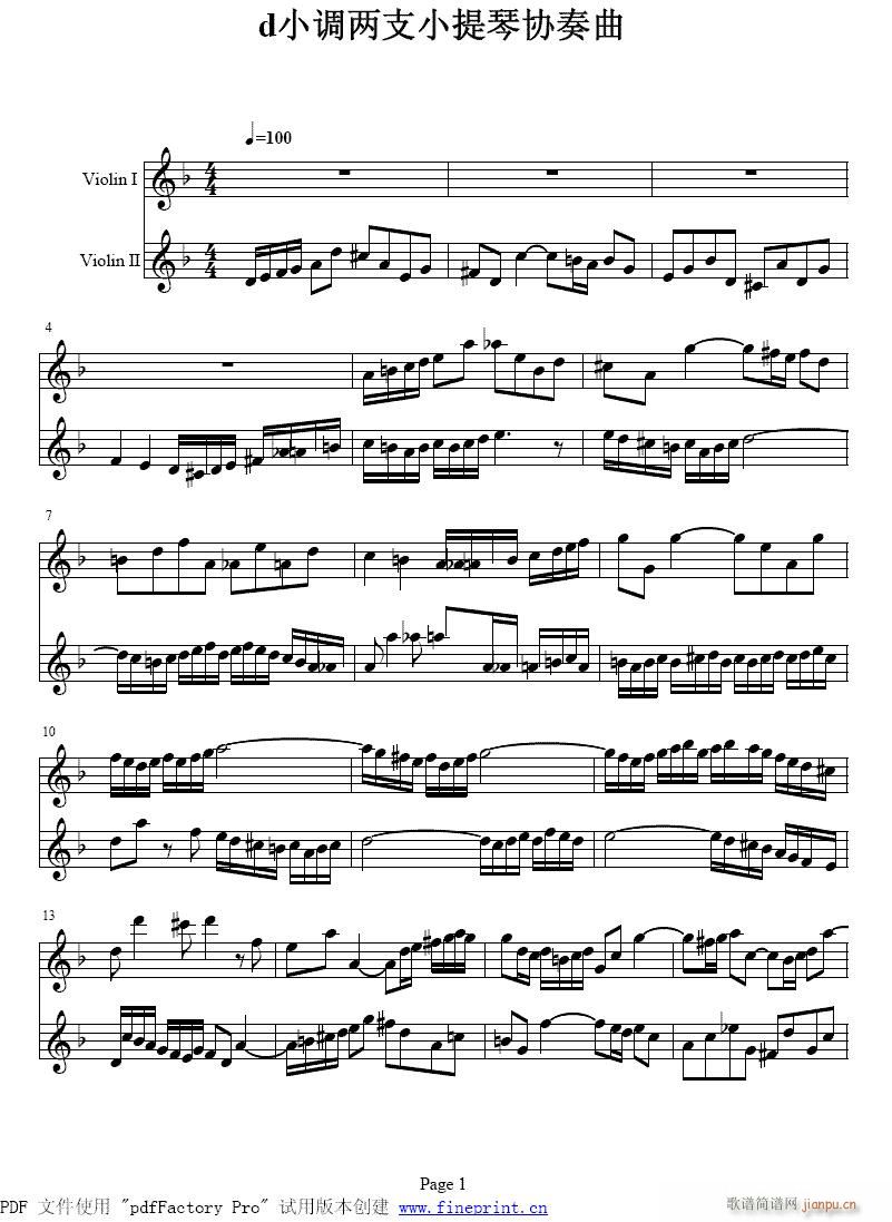 d小调两支协奏曲1-7提琴简谱小提琴版,入门独奏曲谱图片五线谱
