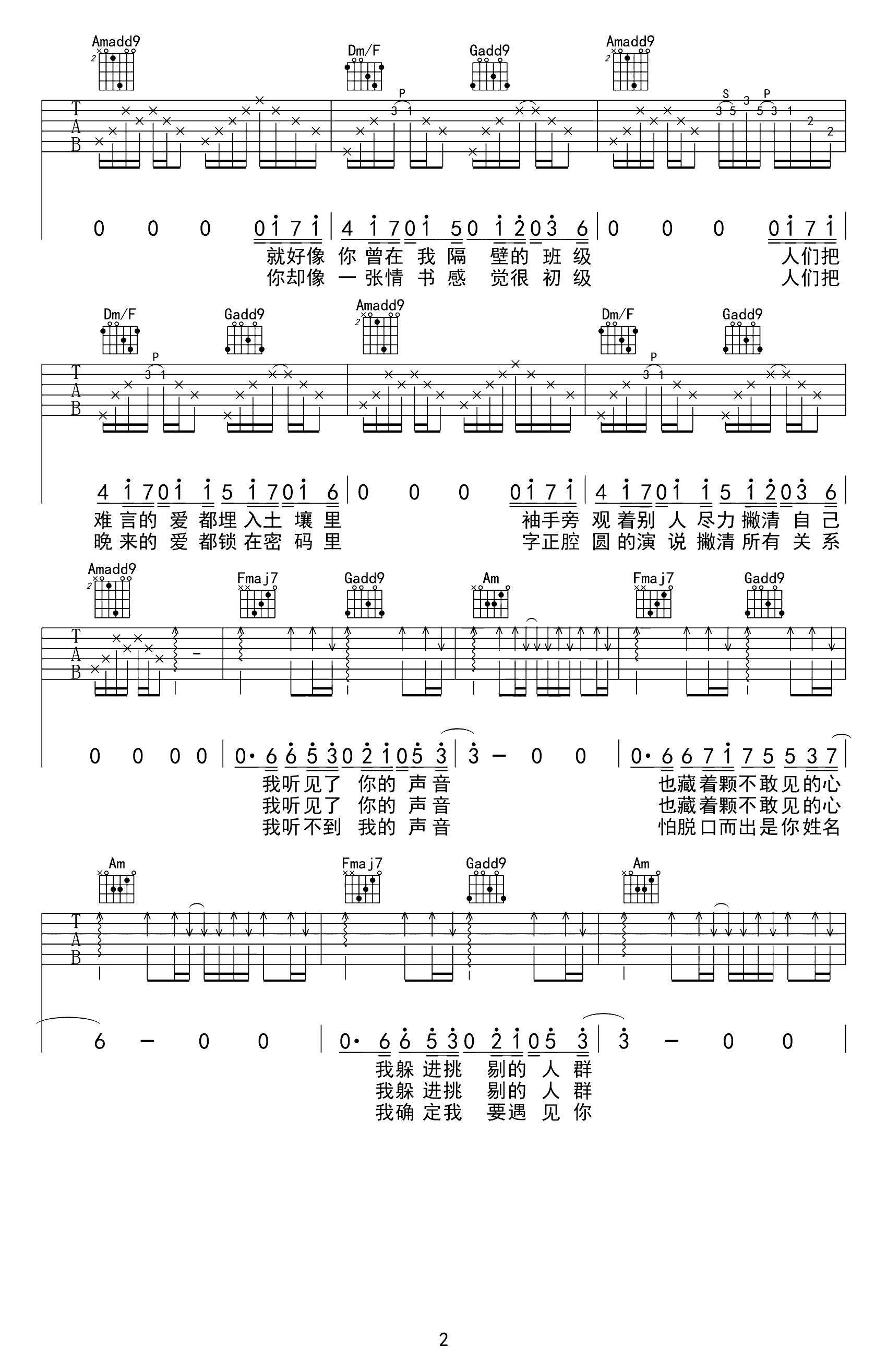 《我好像在哪见过你吉他谱》_C调_C调 图二