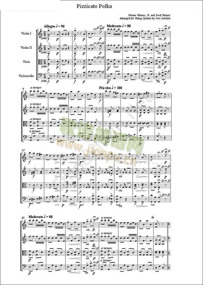 弦乐四重奏：斯特劳斯-拨弦波尔卡简谱小提琴版,五线谱,初学者独奏曲谱曲子