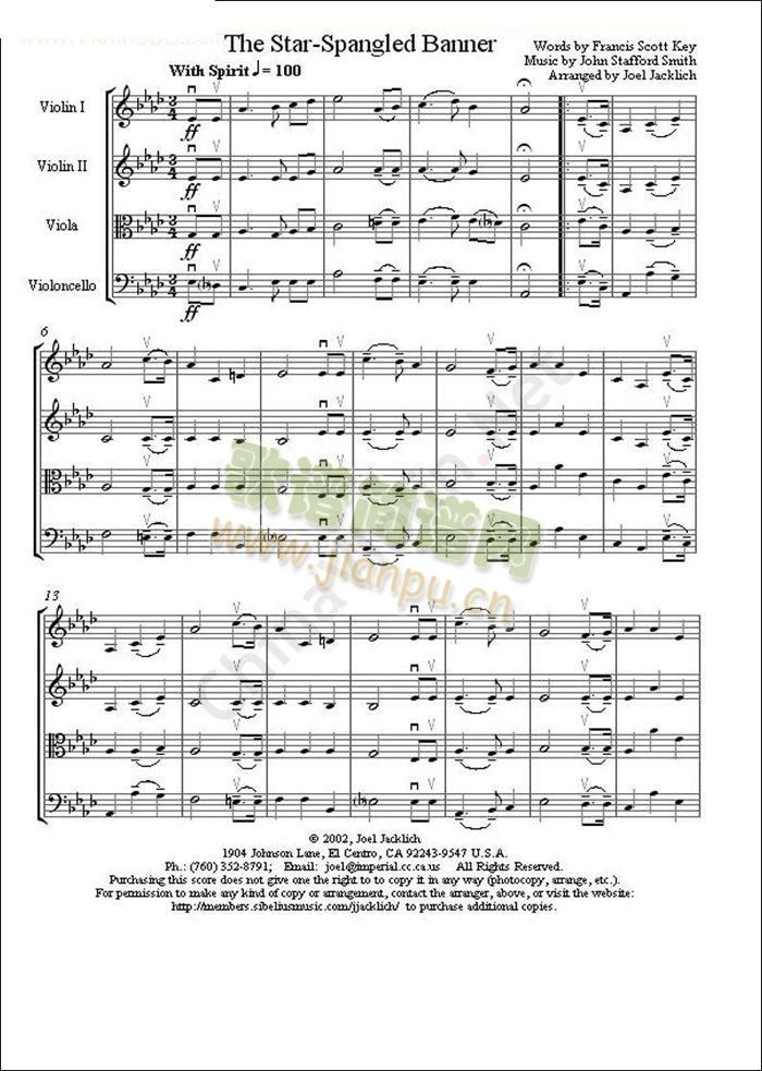 弦乐四重奏：星条旗简谱小提琴版,五线谱,初学者独奏曲谱完整版