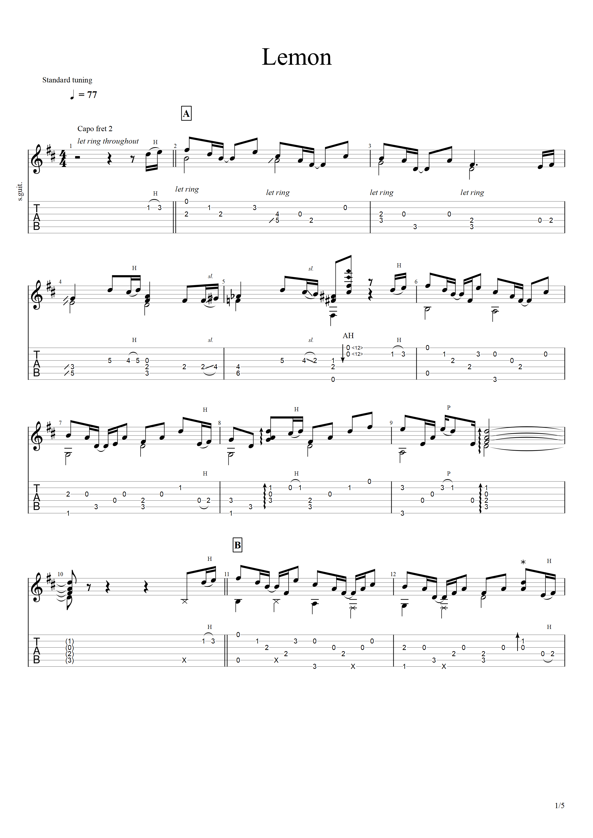 Lemon吉他谱,原版歌曲,简单指弹_弹唱教学,六线谱指弹简谱5张图