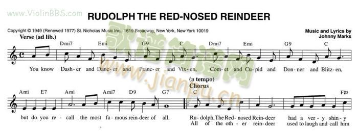 Rudolph the red-nosed reindeer简谱小提琴版,五线谱,初学者独奏曲谱高清