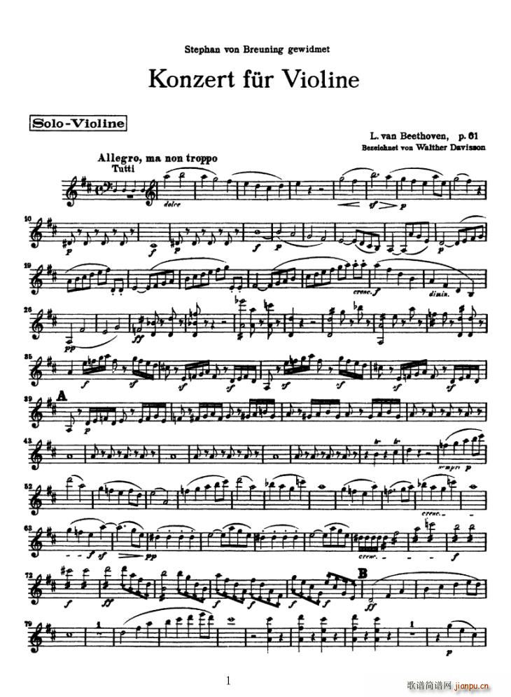 KonzertfurVioline简谱小提琴版,贝多芬协奏曲初学者独奏曲谱完整版五线谱