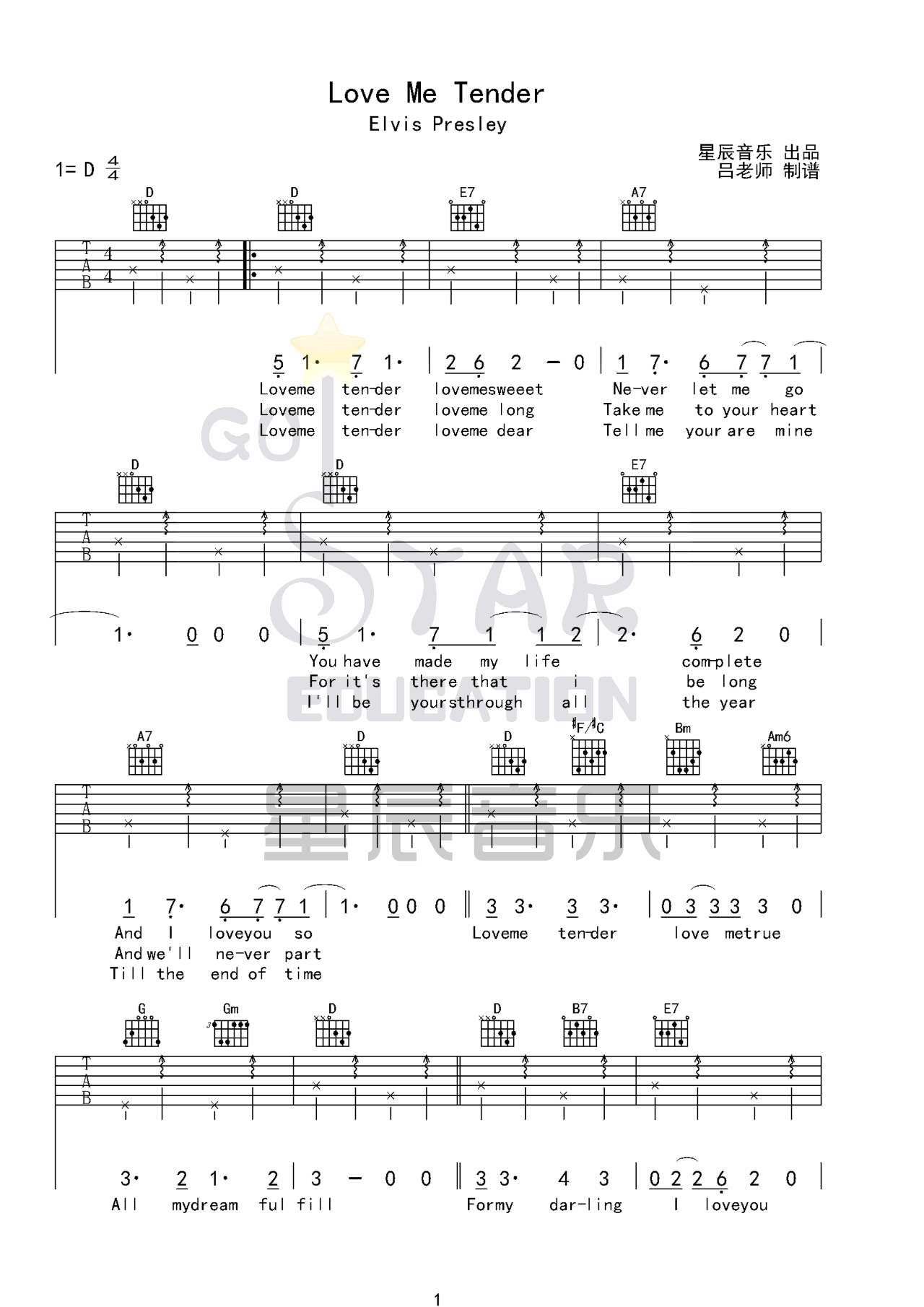 LoveMeTender吉他谱,原版艾尔维斯·普莱斯利歌曲,简单C调弹唱教学,六线谱指弹简谱图