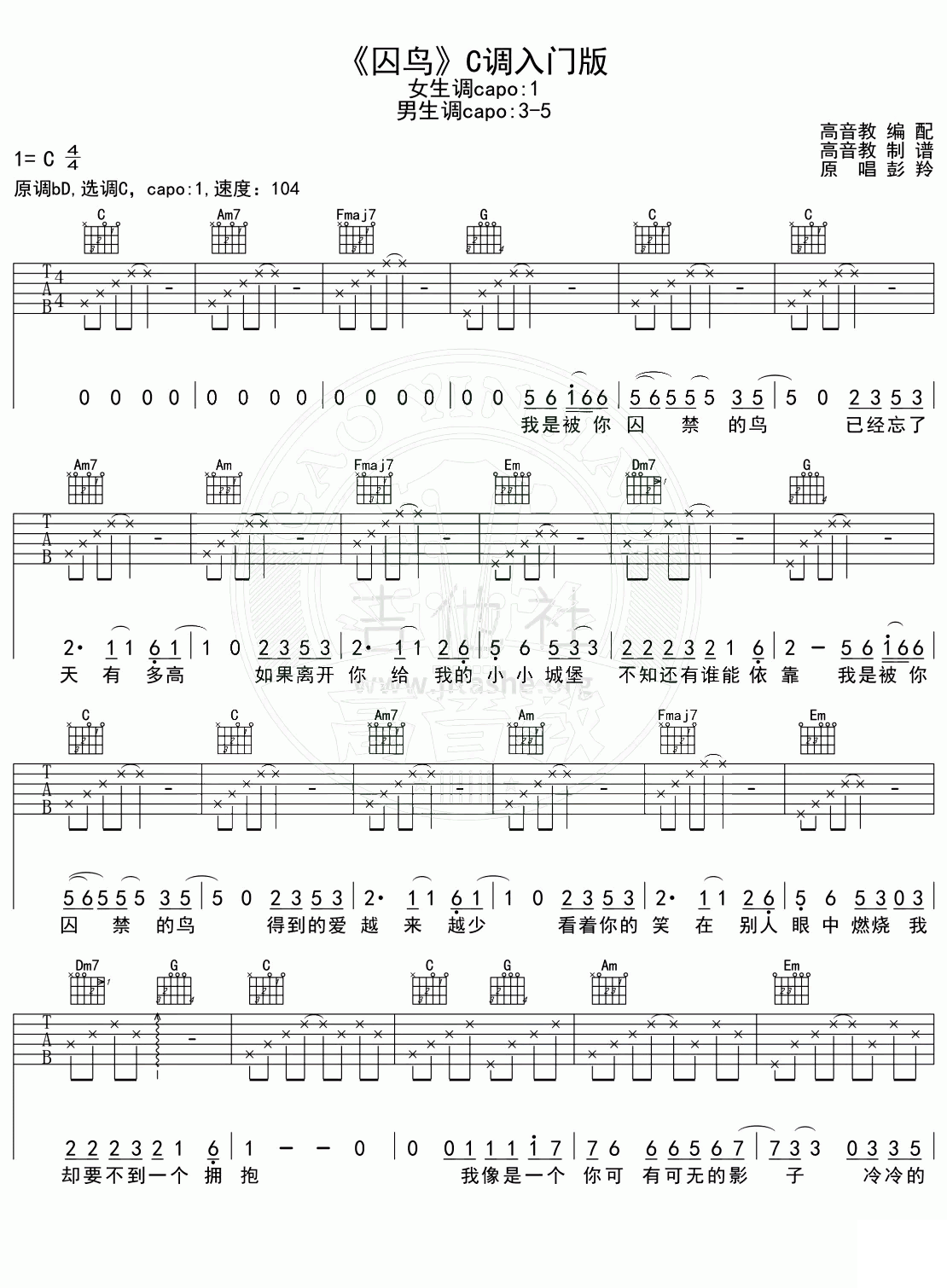 囚鸟吉他谱,原版彭羚歌曲,简单C调弹唱教学,六线谱指弹简谱图