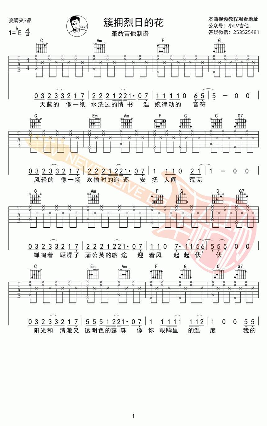 簇拥烈日的花吉他谱,原版迟里乌布歌曲,简单C调弹唱教学,六线谱指弹简谱图